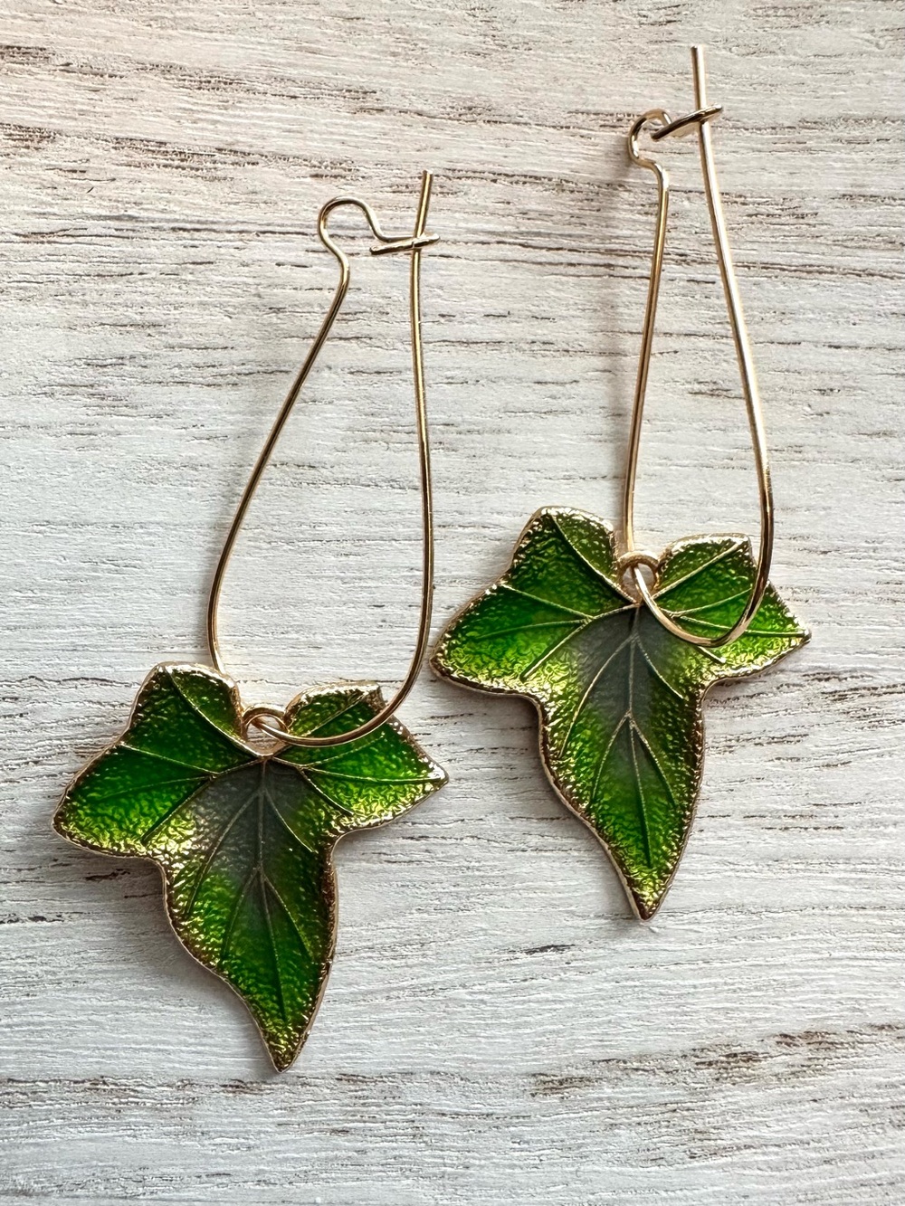 Green Enamel Leaf Drop Earrings Gold Frame 2.25” NWT